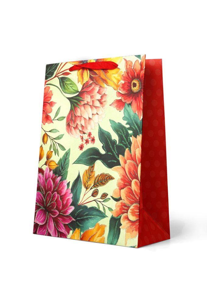 Gift Bag Large Glittered Floral on Green