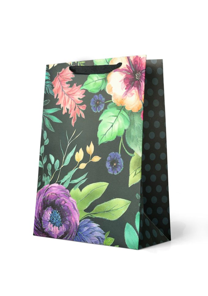 Gift Bag Large Glitter Floral on Black