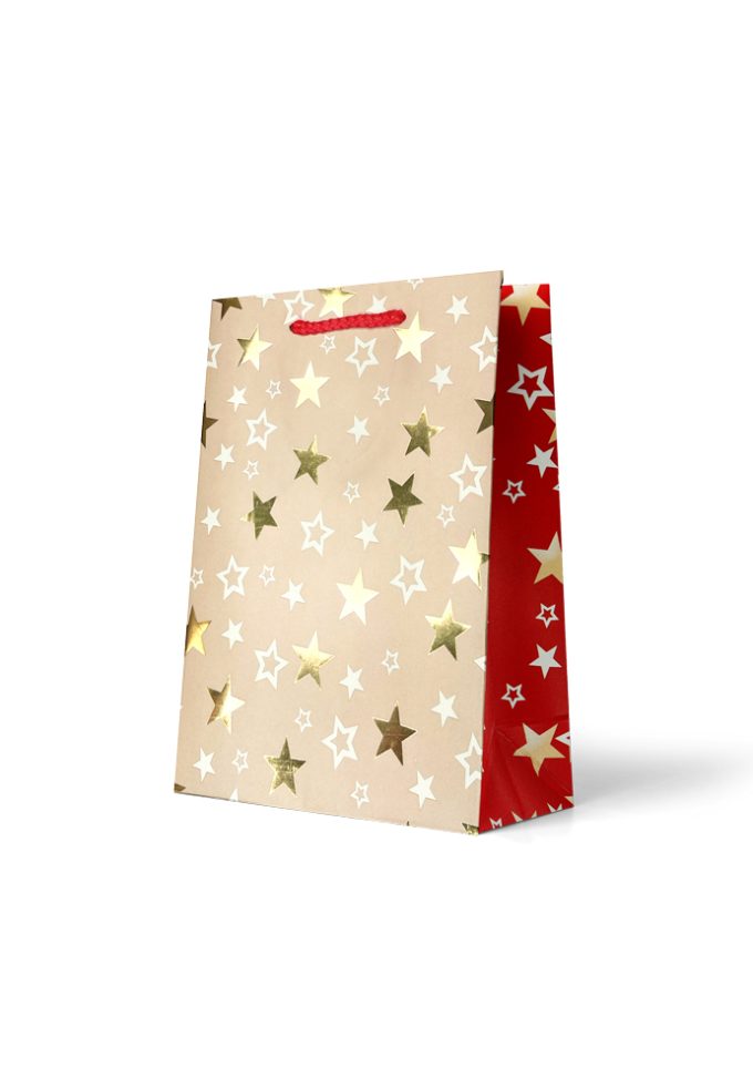 B652MX Gift Bag Medium White Stars on Tan & Red