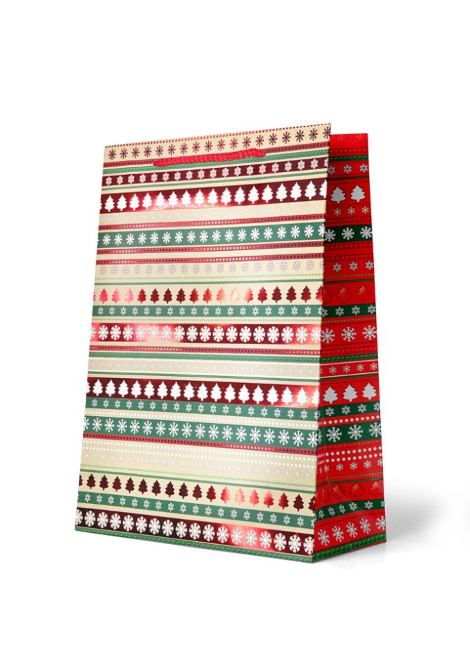 Gift Bag Large Green & Red Striped Christmas Icons