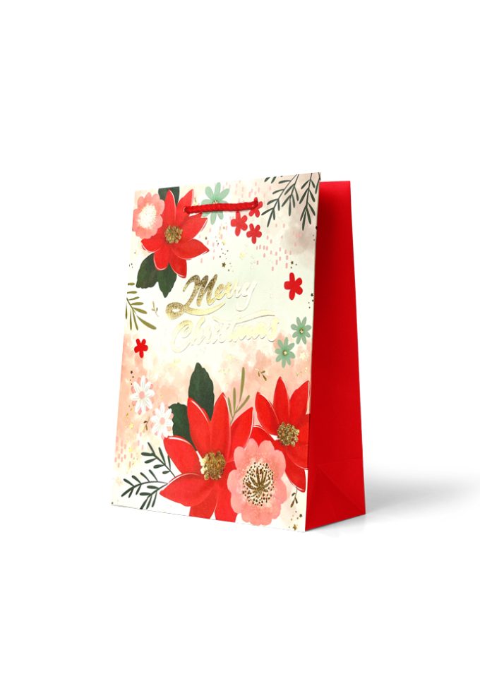 Gift Bag Medium Merry Christmas Poinsettia Flowers