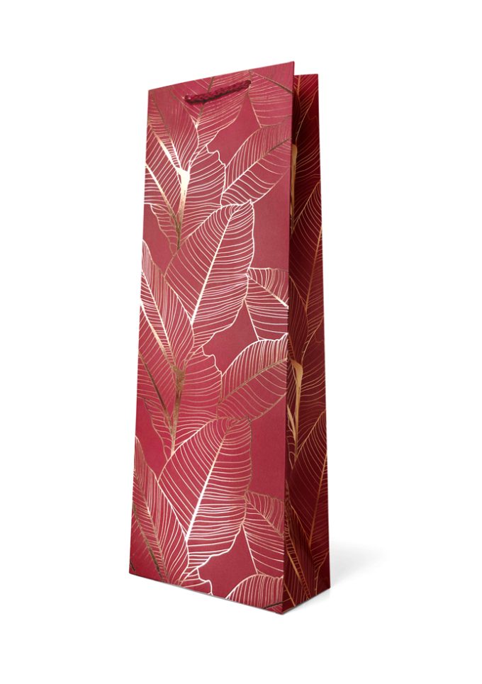 B668BX Bottle Bag Silver Palm Fronds on Red