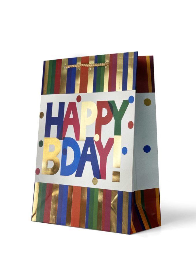Gift Bag Large Foiled Gold Happy Bday with Multi-C