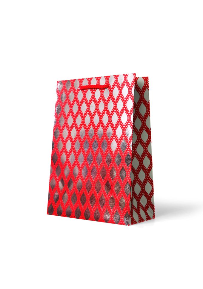 Gift Bag Medium Foiled Red Diamond Pattern on Silv
