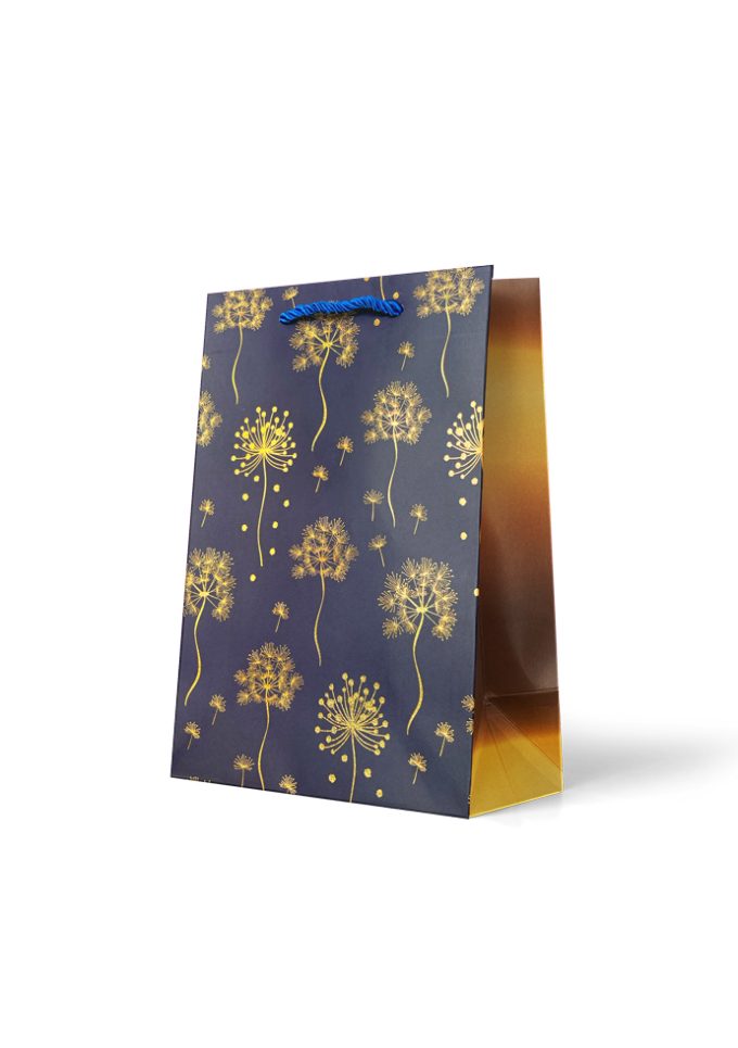 Gift Bag Medium Gold Dandelions on Blue