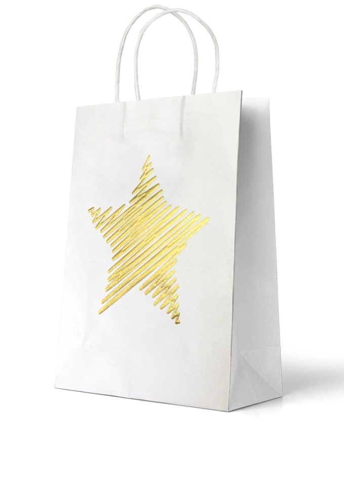 Gift Bag Large Foiled Gold Star on White Kraft han