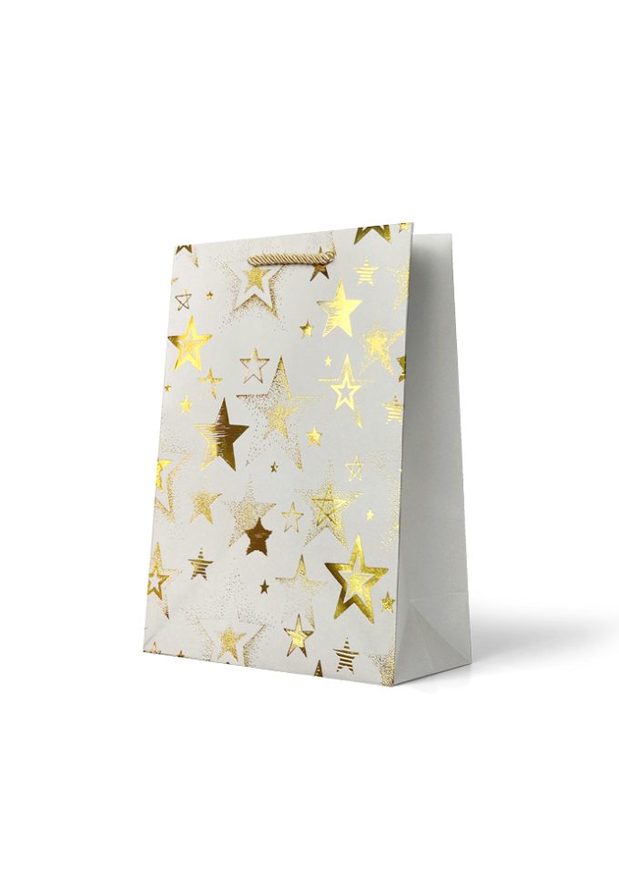 Gift Bag Medium Foiled Gold Stars on White