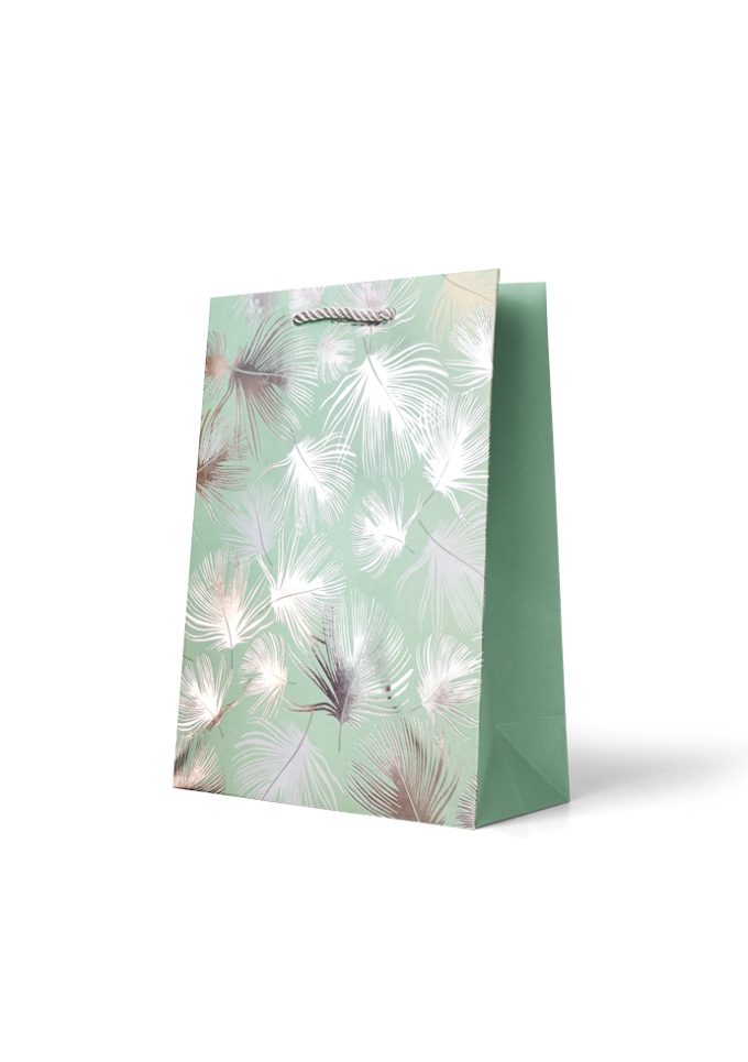 Gift Bag Medium Foiled Silver and White Feathers o