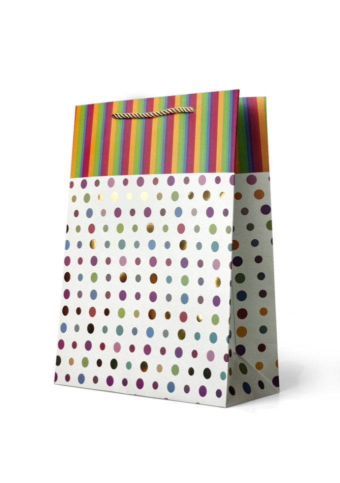 B962L Gift Bag Large Coloured Spots with Striped Border