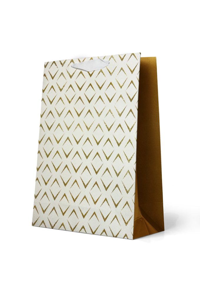 Gift Bag Large Gold Glitter Diamond Pattern on Whi