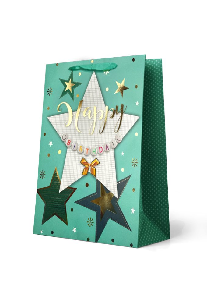 B996L Git Bag Large Happy Birthday - Bow & Gold Stars on