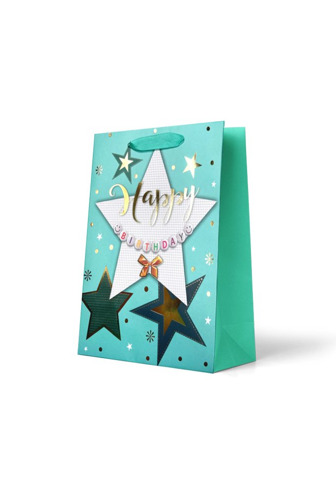Gift Bag Medium  Happy Birthday - Stars on Aqua