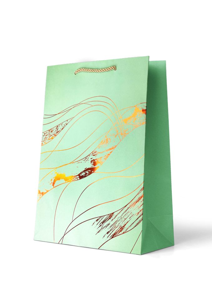 B764L Gift Bag Large Foiled Gold Wavy Lines on Green