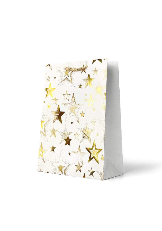 B785M Gift Bag Medium Foiled Gold and Silver Stars on Wh