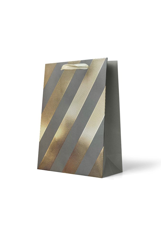 B814M Gift Bag Medium Foiled Grey and Gold Diagonal Stri