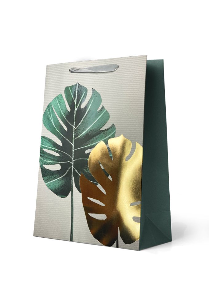B992L Gift Bag Medium Gold & Green Ferns