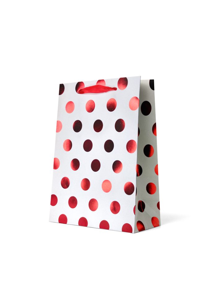 B373M Gift Bag Medium Red Foiled Spots on White