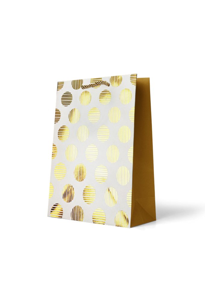 B761M Gift Bag Medium Foiled Gold Striped Circles on Whi