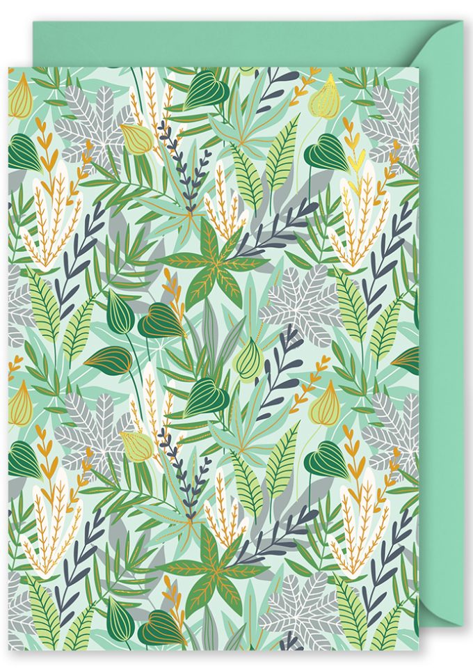 OP1207 Foiled Blank Vertical Card Green Floral Pattern