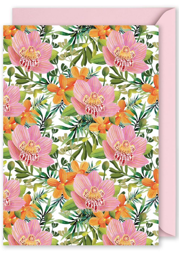 OP1212 Foiled Blank Vertical Card Orange Floral Pattern