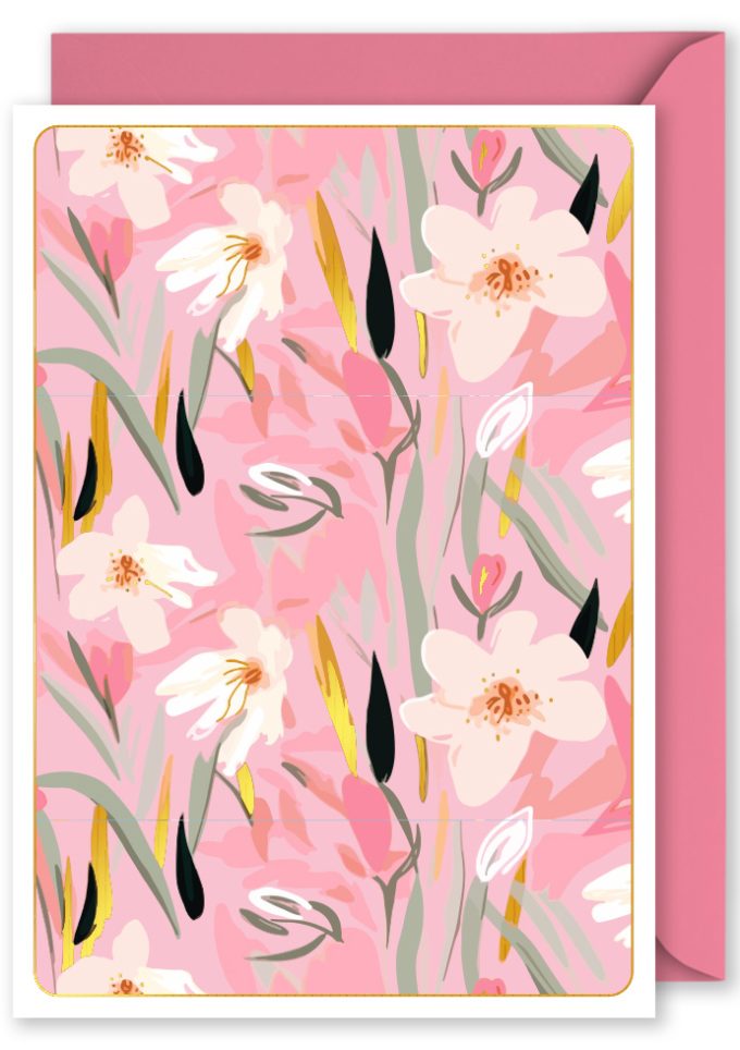 OP1249 Foiled Blank Vertical Card  Pink Floral Pattern