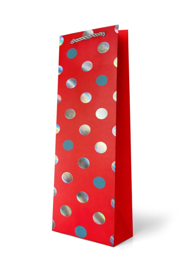 B853B Gift Bag Bottle Foiled Silver Circles on Red