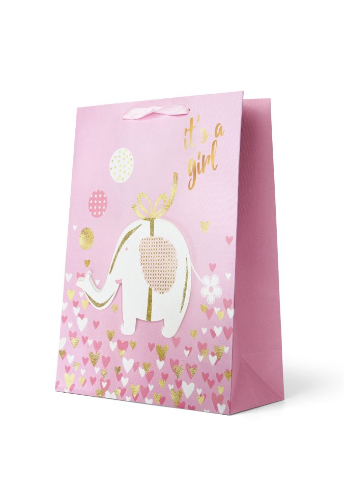 B584L Premium Gift Bag Large It's a girl Elephant on Pin