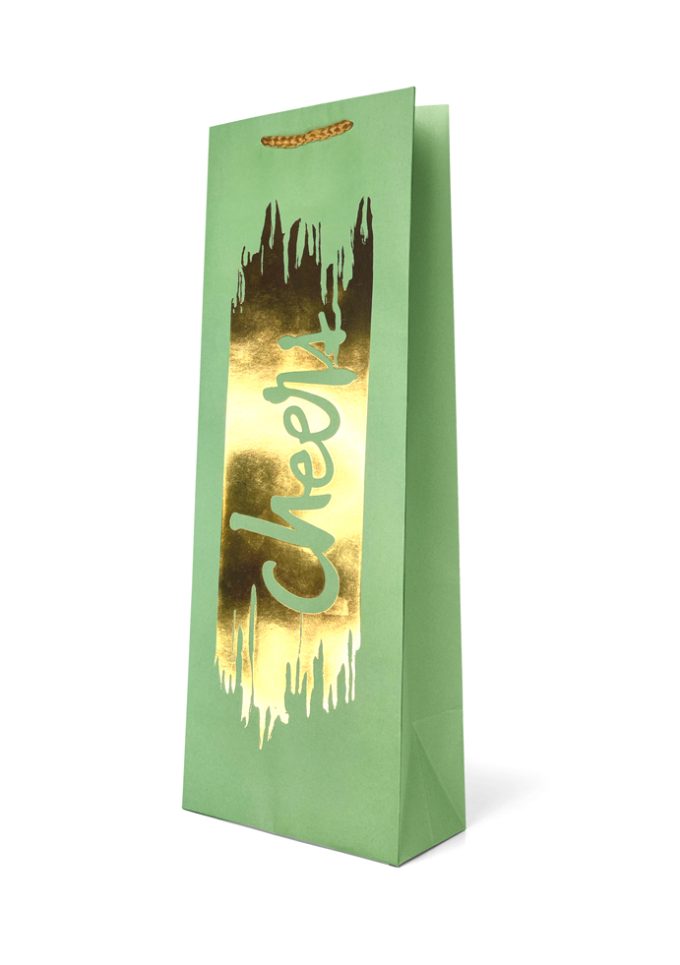 B664BX Bottle Bag Foiled Gold Cheers on Green