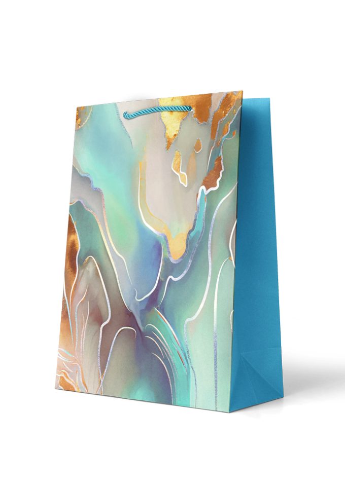 B750L Gift Bag Large White and Gold and Aqua Paint Swirl