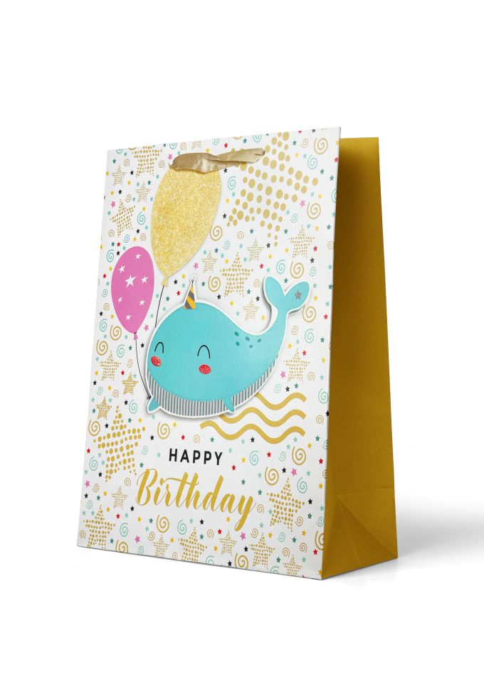 B543L Premium Gift Bag Large: "Happy Birthday" Cute Whal