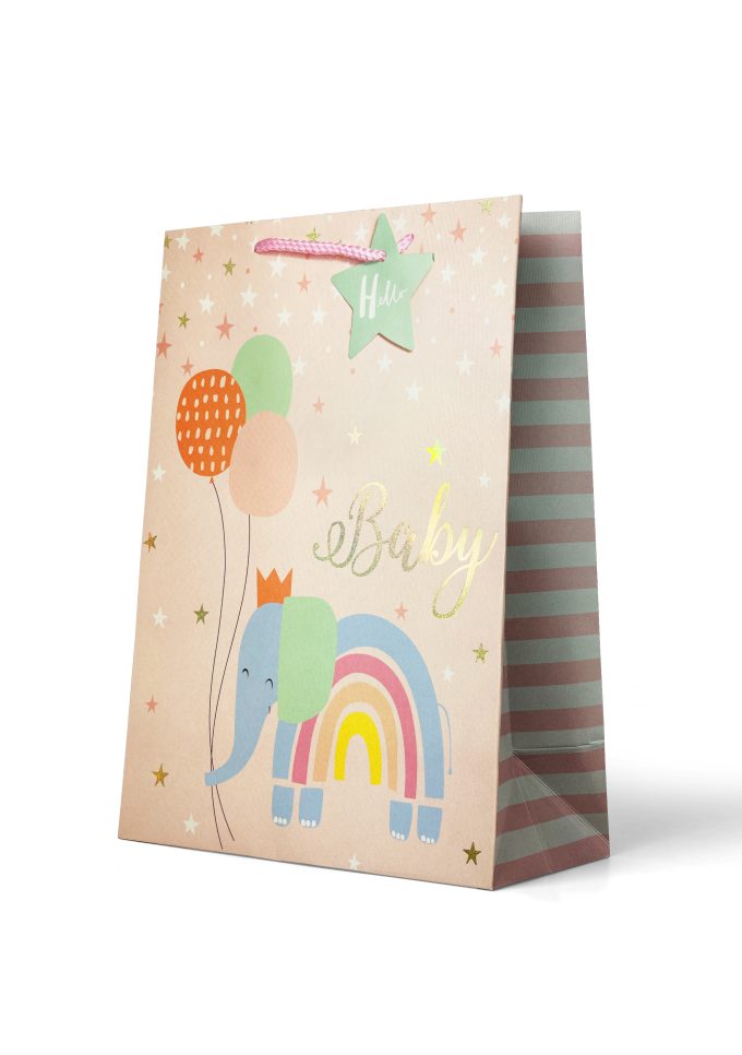 B567L Premium Gift Bag Large Hello Baby Elephant on Pink