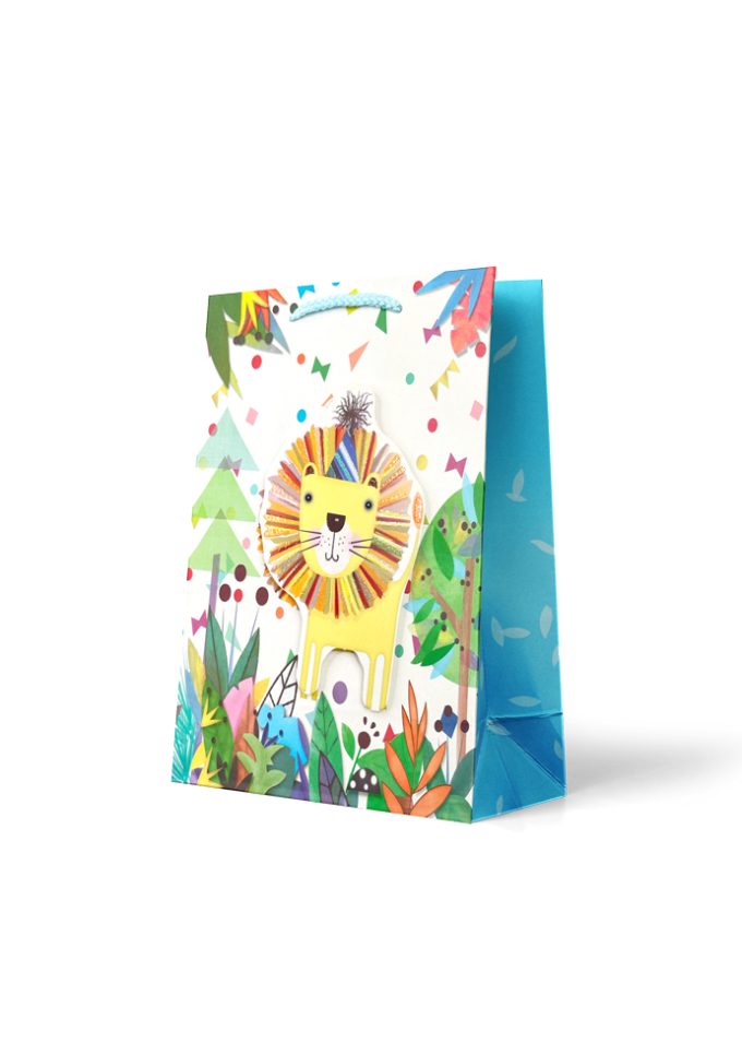 B718M Premium Gift Bag Medium: 3D Lion with Party Hat in