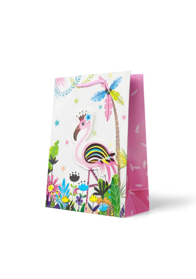 B719M Gift Bag Medium 3D Flamingo with Crown under Palm