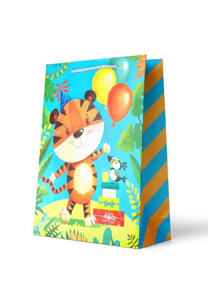 B775L Premium Gift Bag Large Tiger holding Balloons