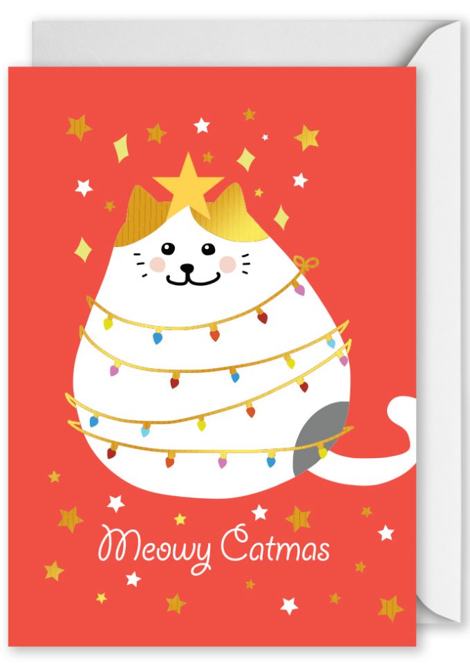 8534 Foiled: "Meowy Catmas"Cat wrapped in Christmas Lig