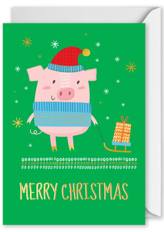 8545 Foiled: "Merry Christmas" Cute pig with sled & Pre