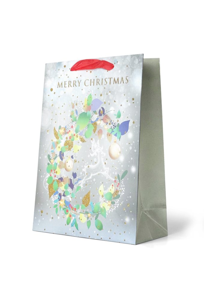 B598LX Gift Bag Large Merry Christmas Wreath and Reindeer