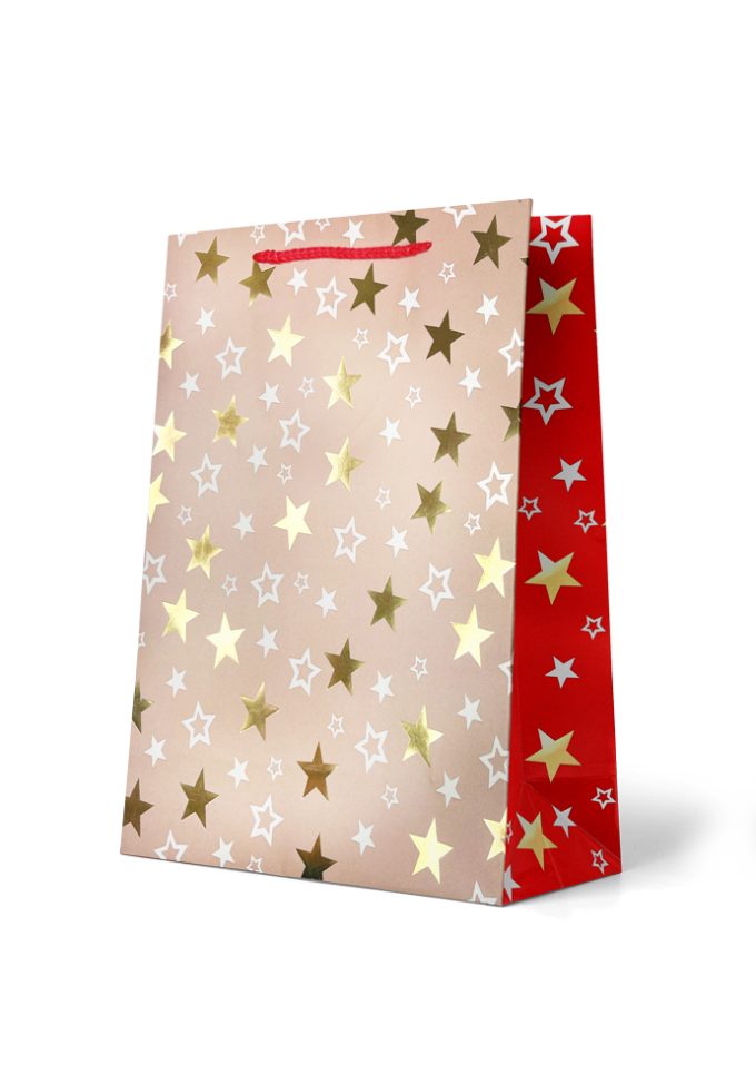 B652LX Gift Bag Large White Stars on Tan & Red