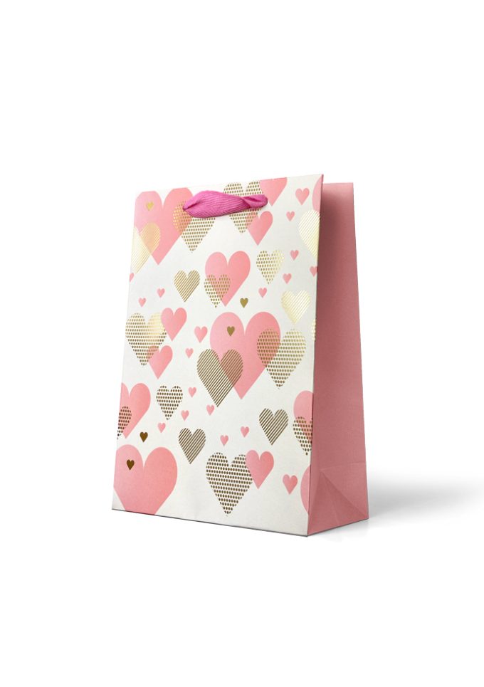 B873MP Premium Gift Bag Medium Foiled Gold Hearts on Pink