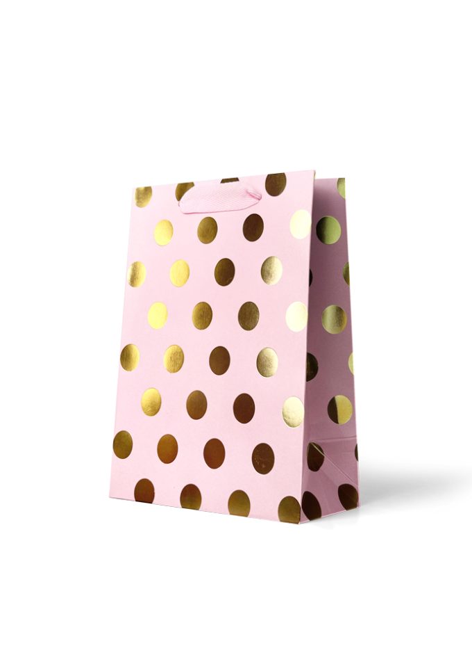 B882MP Premium Gift Bag Medium Foiled Gold Spots on Pink