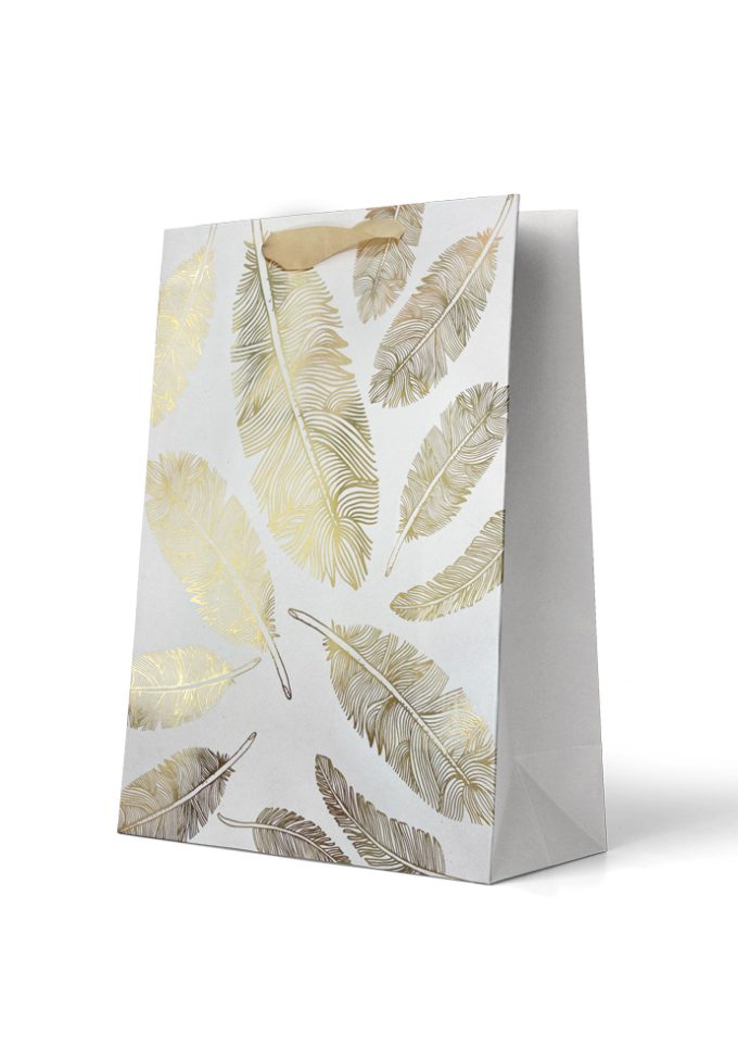 B885LP Premium Gift Bag Large Foiled Gold Feathers on Whi