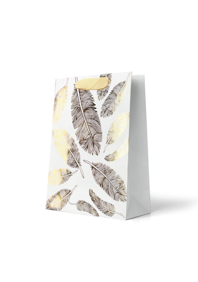 B885MP Premium Gift Bag Medium Foiled Gold Feathers on Wh