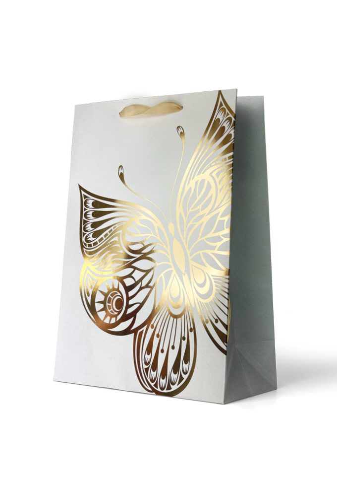 B886LP Premium Gift Bag Large Foiled Gold Butterfly on Wh