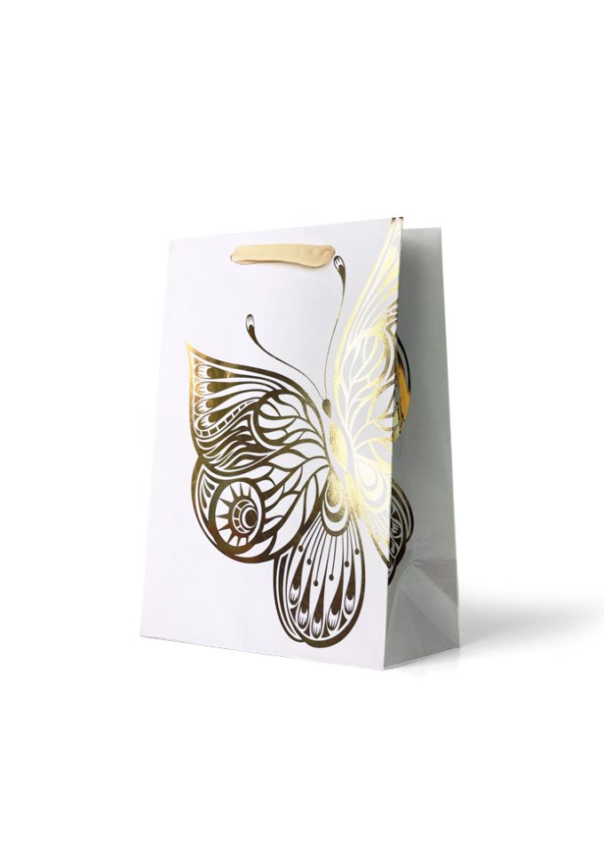 B886MP Premium Gift Bag Medium Foiled Gold Butterfly Patt