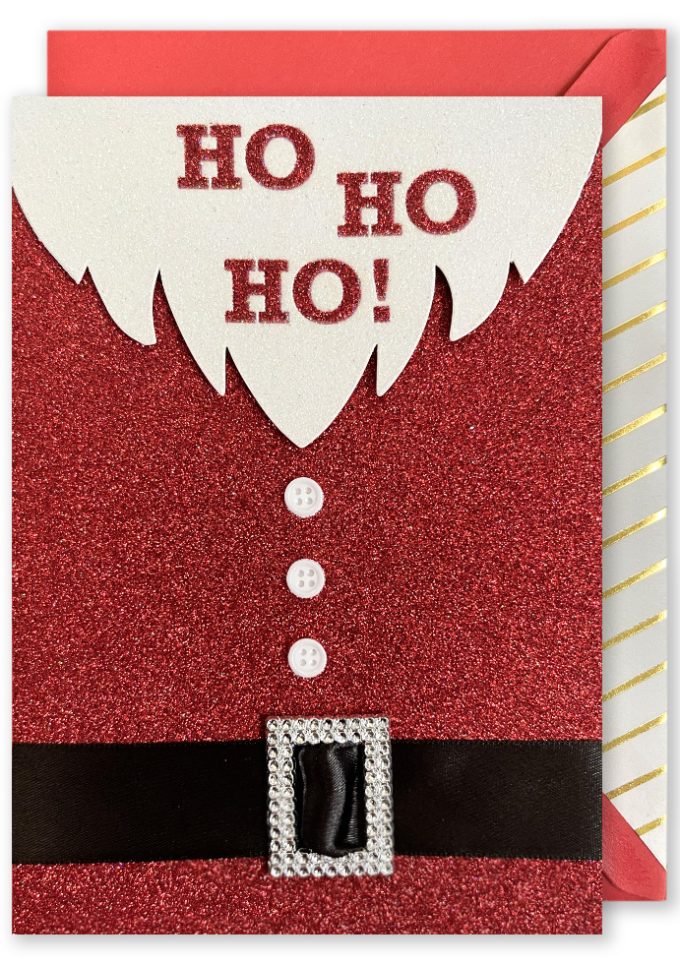 HE6132 $3 RRP Embellished Christmas Card: "Ho Ho Ho" Sant