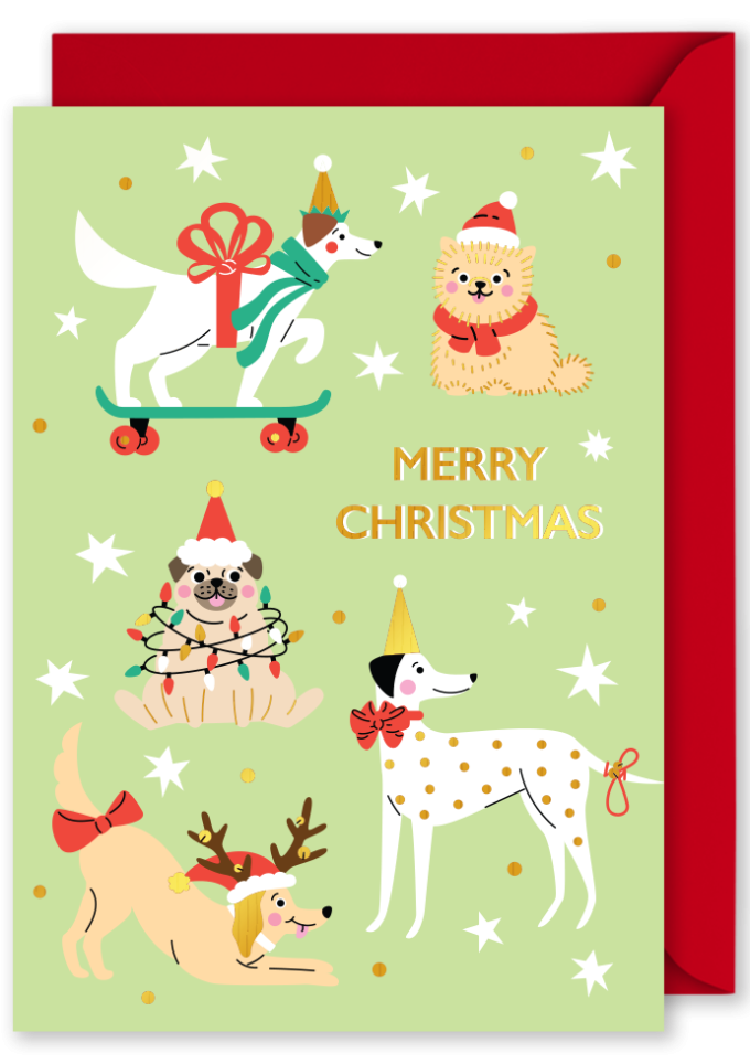 OP1245 Foiled Christmas Vertical Card - Christmas Dogs